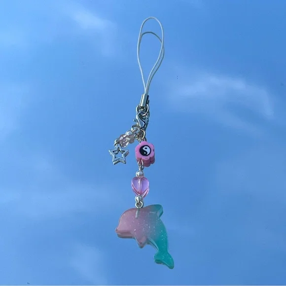 Handmade Y2k Coconut Girl Pink Beachy Dolphin Ying Yang Star Cell Phone Strap - Picture 1 of 4